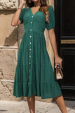 V-Neck Button Up Balloon Sleeve Midi Dress - Flyclothing LLC