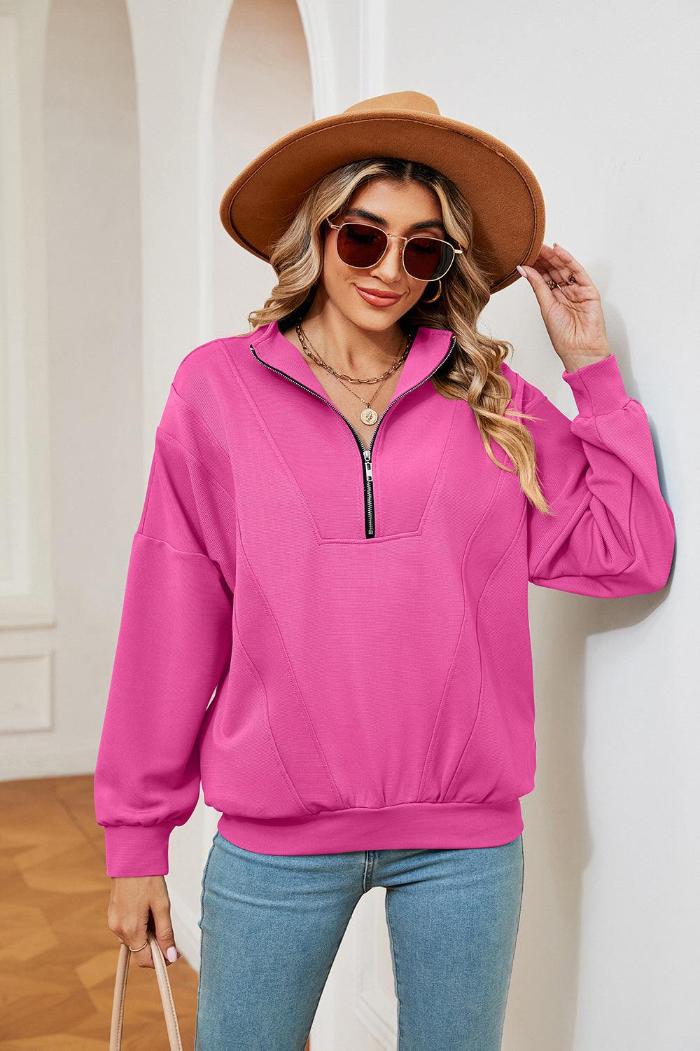 Half-Zip Dropped Shoulder Sweatshirt - Trendsi