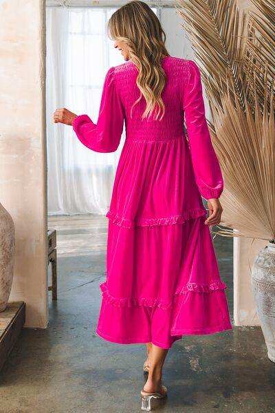 Frill V-Neck Balloon Sleeve Tiered Dress - Trendsi - Flyclothing LLC