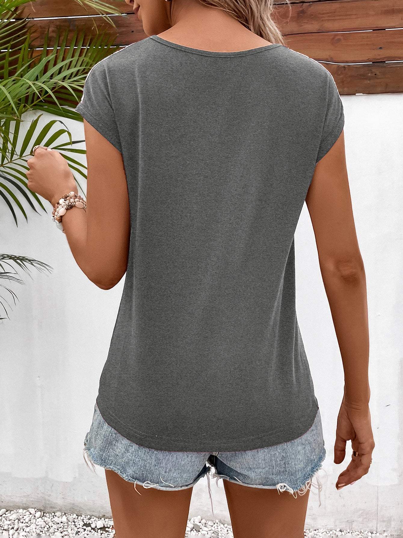 Spliced Lace V-Neck Twisted Hem Tee - Trendsi - Flyclothing LLC
