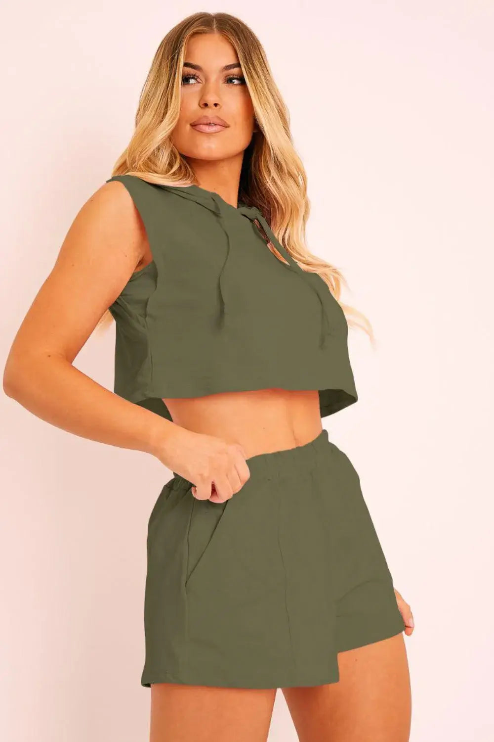 Hooded Crop Top & Pocketed Shorts Set - Trendsi - Flyclothing LLC