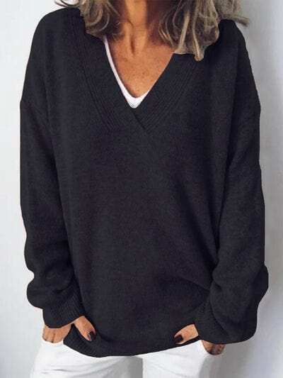 V-Neck Dropped Shoulder Sweater - Trendsi - Flyclothing LLC