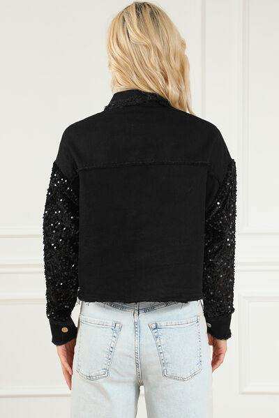Sequin Button Up Raw Hem Denim Jacket - Trendsi - Flyclothing LLC