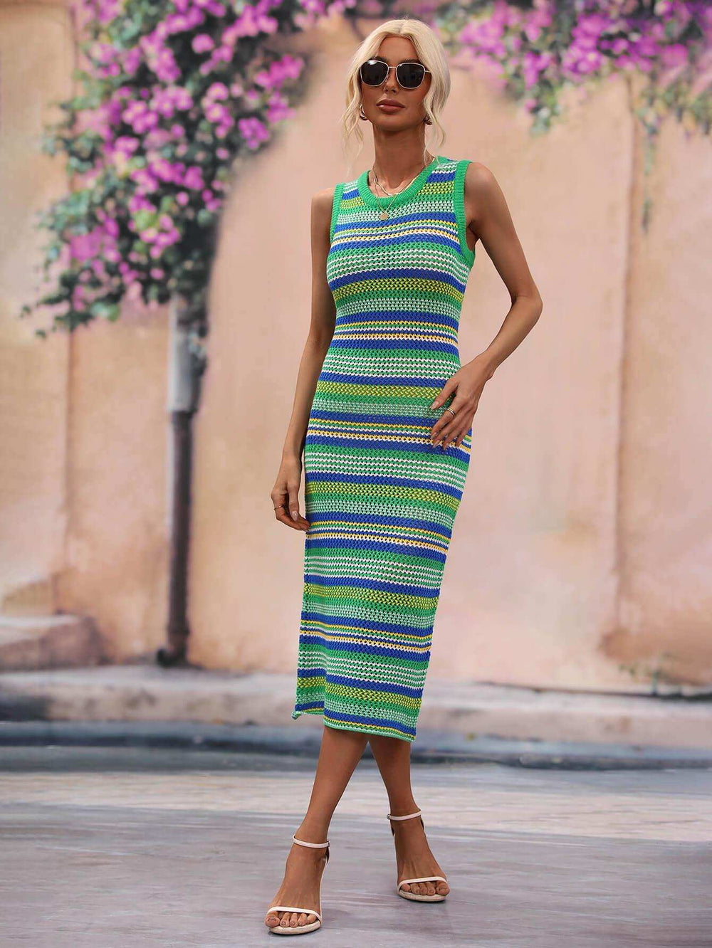 Striped Round Neck Sleeveless Midi Cover Up Dress - Trendsi - Flyclothing LLC
