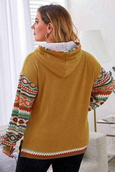 Plus Size Waffle-Knit Geometric Dropped Shoulder Hoodie - Trendsi - Flyclothing LLC
