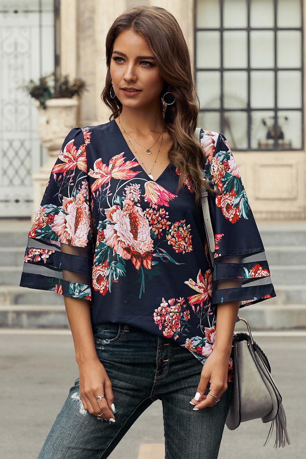 Printed Flare Sleeve Top - Flyclothing LLC