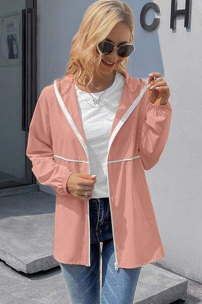 Zip Up Long Sleeve Hooded Watertight Jacket - Trendsi - Flyclothing LLC