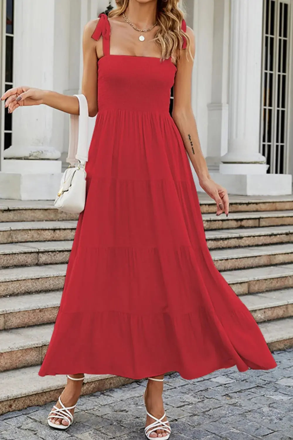 Tie-Shoulder Smocked Tiered Dress - Trendsi - Flyclothing LLC