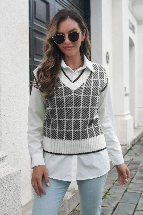 Plaid V-Neck Sweater Vest - Trendsi - Flyclothing LLC