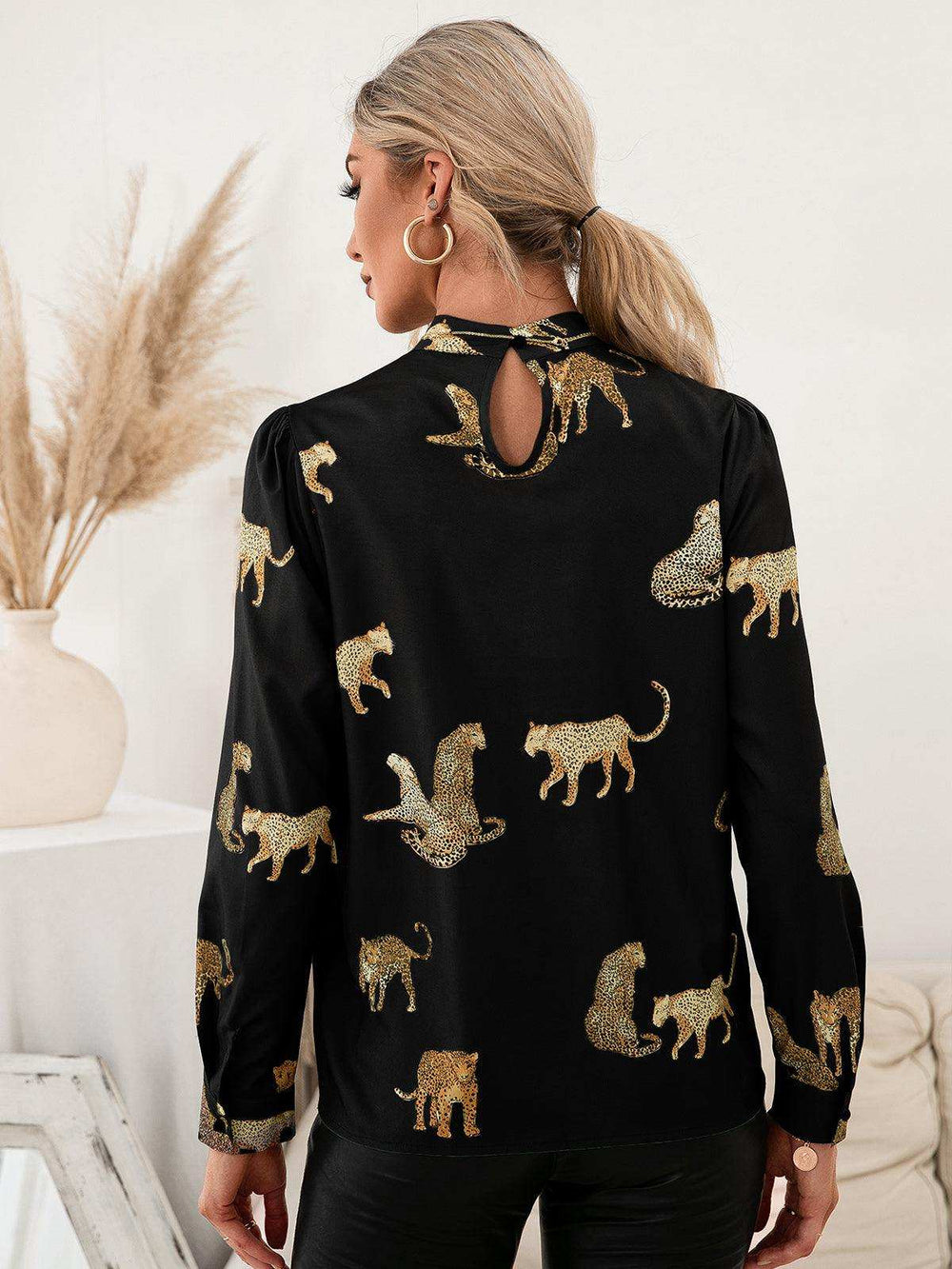 Leopard Graphic Mock Neck Puff Sleeve Blouse - Trendsi - Flyclothing LLC