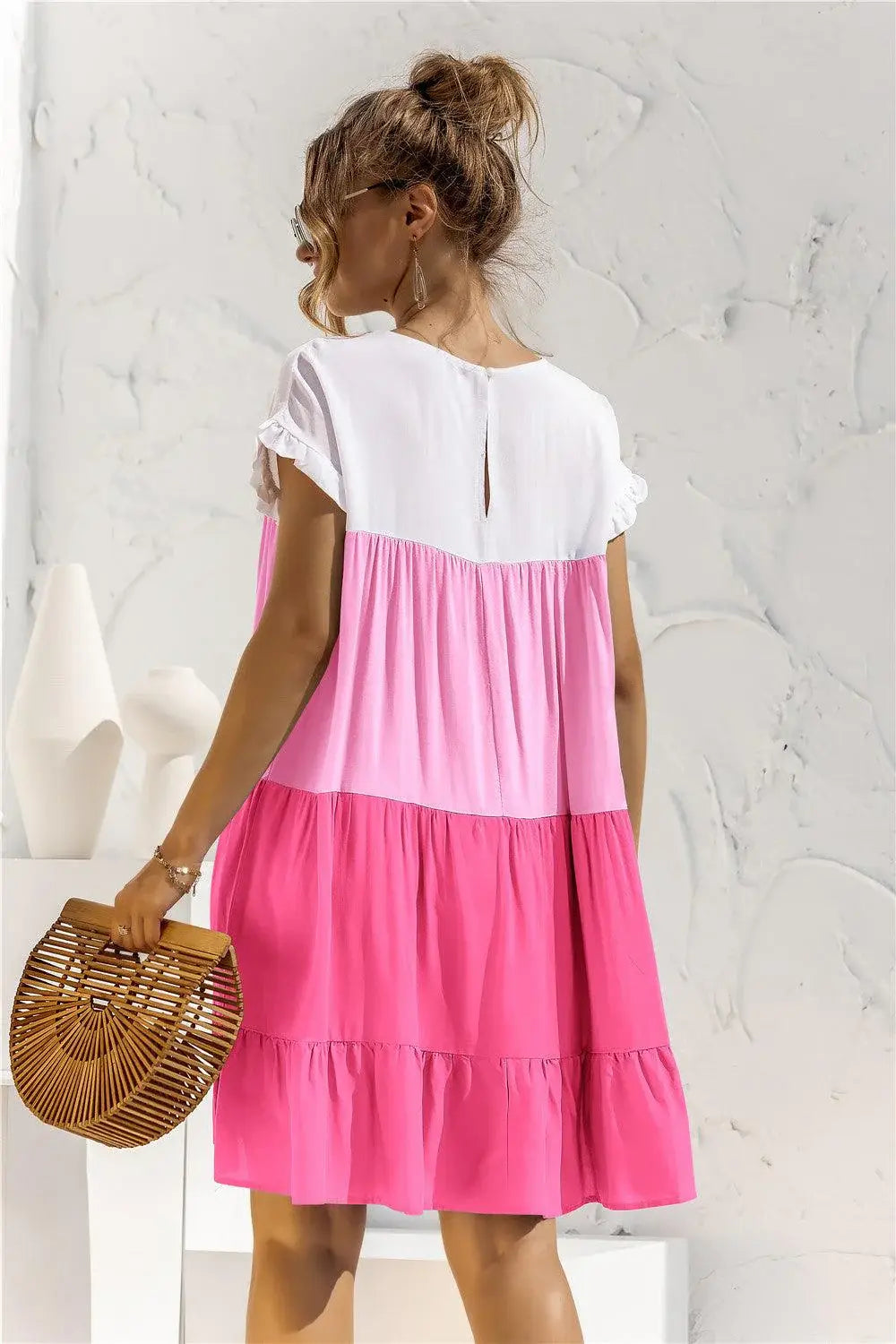 Color Block Round Neck Ruffle Hem Dress - Trendsi - Flyclothing LLC