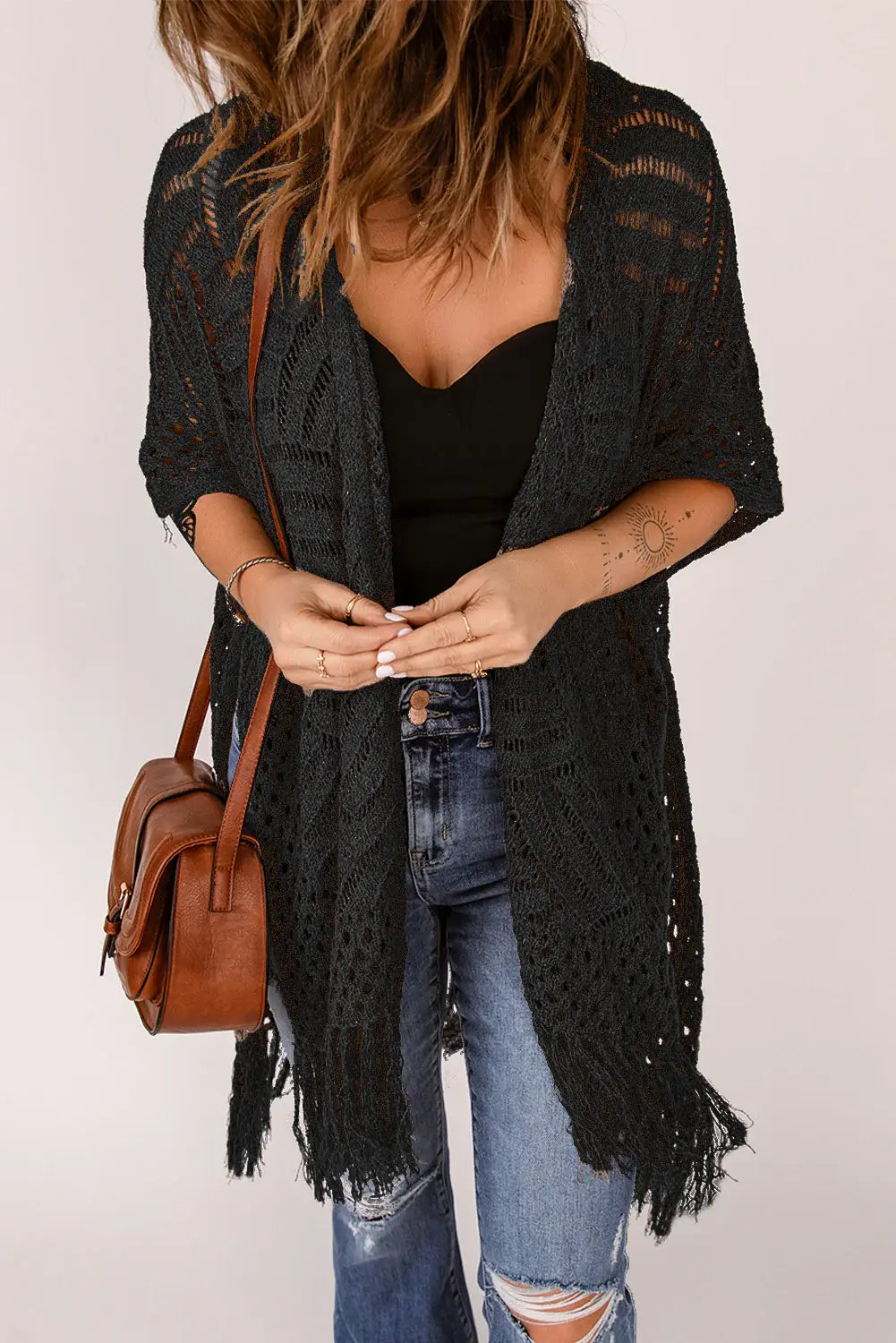 Fringe Hem Slit Open Front Cardigan - Trendsi - Flyclothing LLC