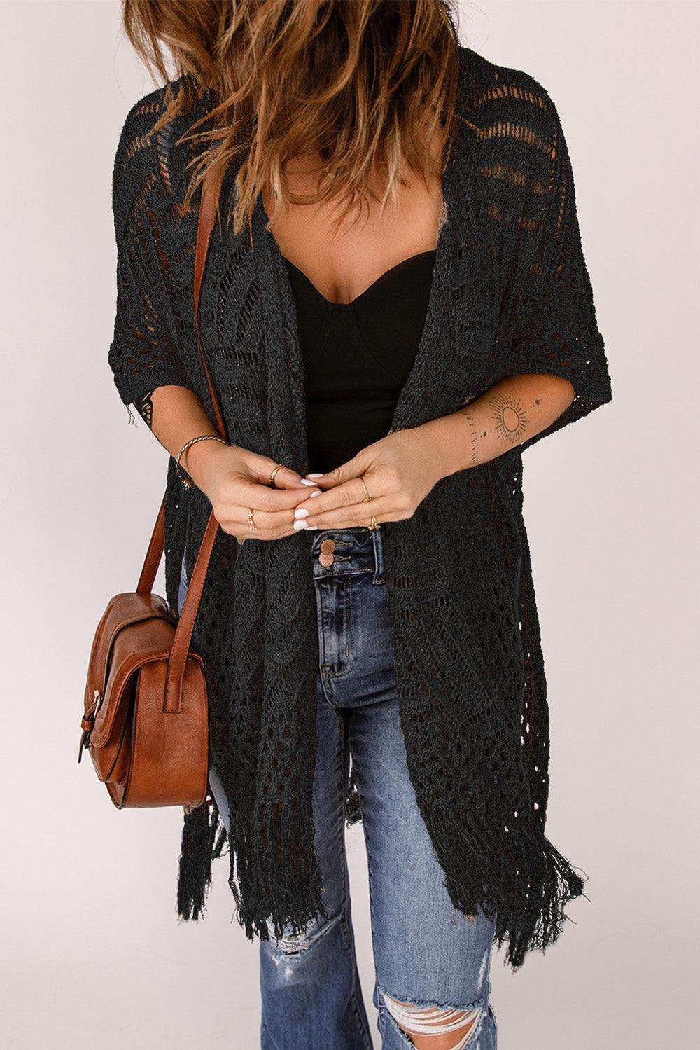 Fringe Hem Slit Open Front Cardigan - Trendsi - Flyclothing LLC