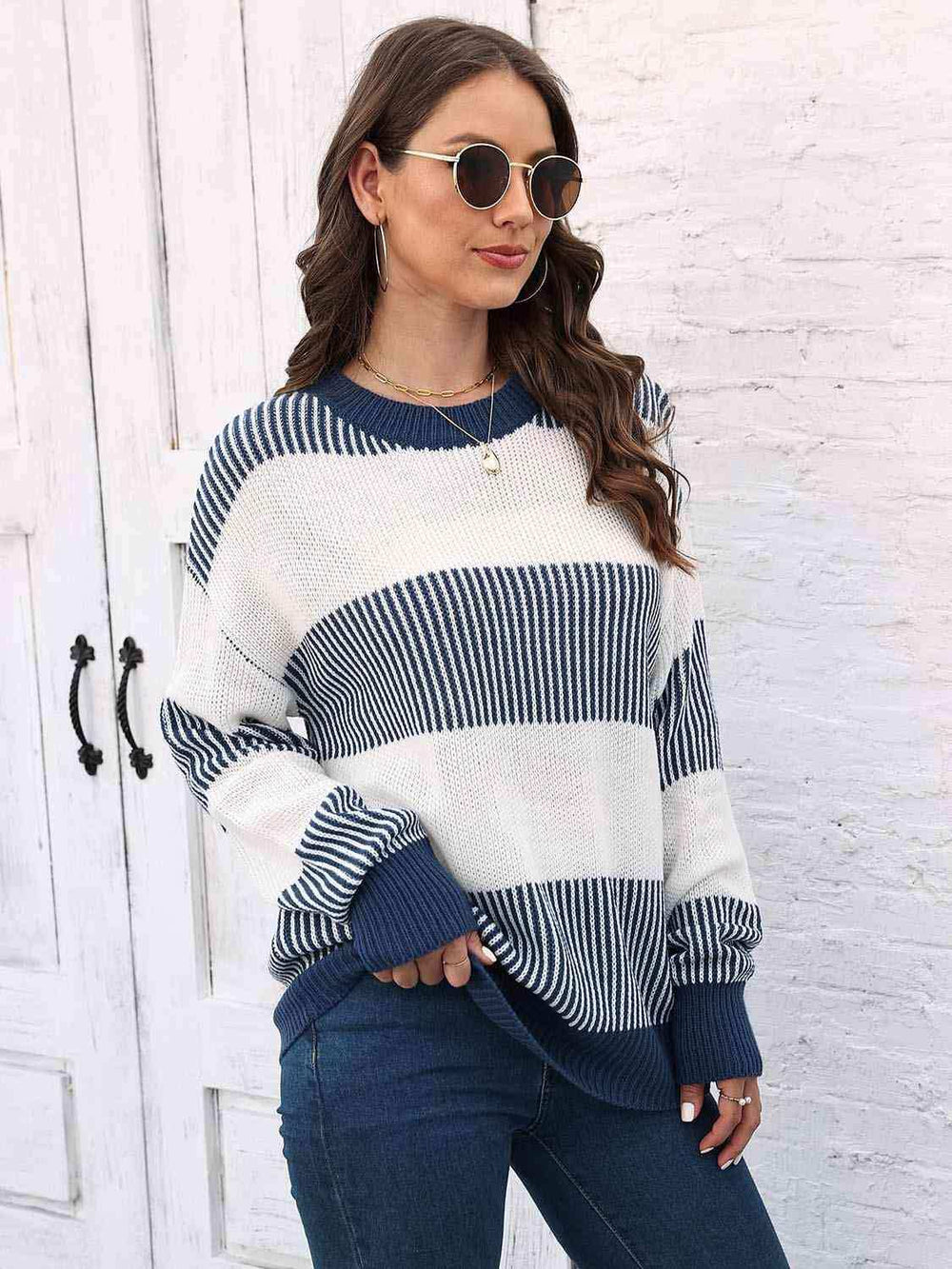 Full Size Round Neck Drop Shoulder Sweater - Trendsi - Flyclothing LLC