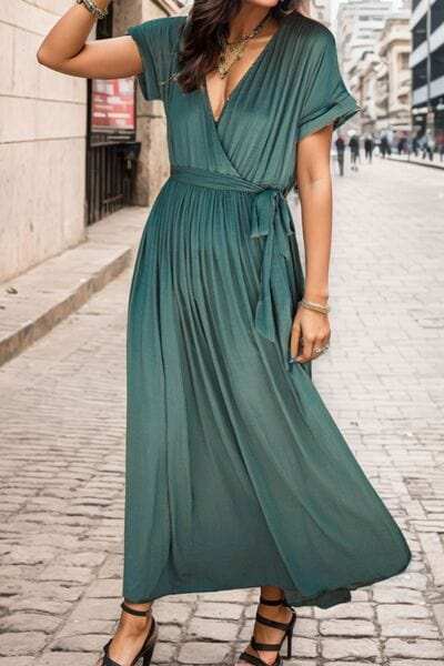 Surplice Tie Waist Short Sleeve Dress - Trendsi - Flyclothing LLC