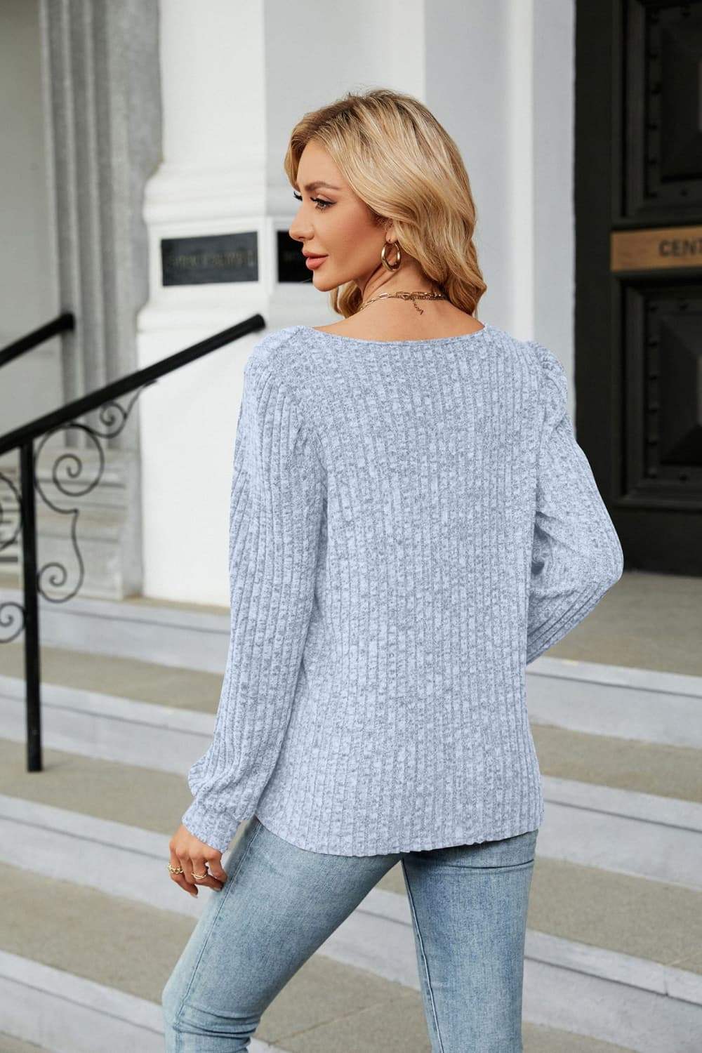 Ribbed Square Neck Long Sleeve T-Shirt - Trendsi - Flyclothing LLC