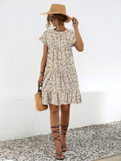 Frill Floral Round Neck Short Sleeve Tiered Dress - Trendsi - Flyclothing LLC