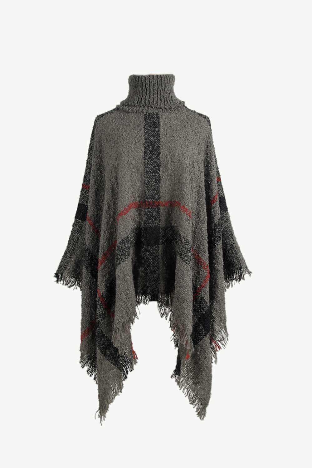 Plaid Turtleneck Raw Hem Poncho - Trendsi - Flyclothing LLC