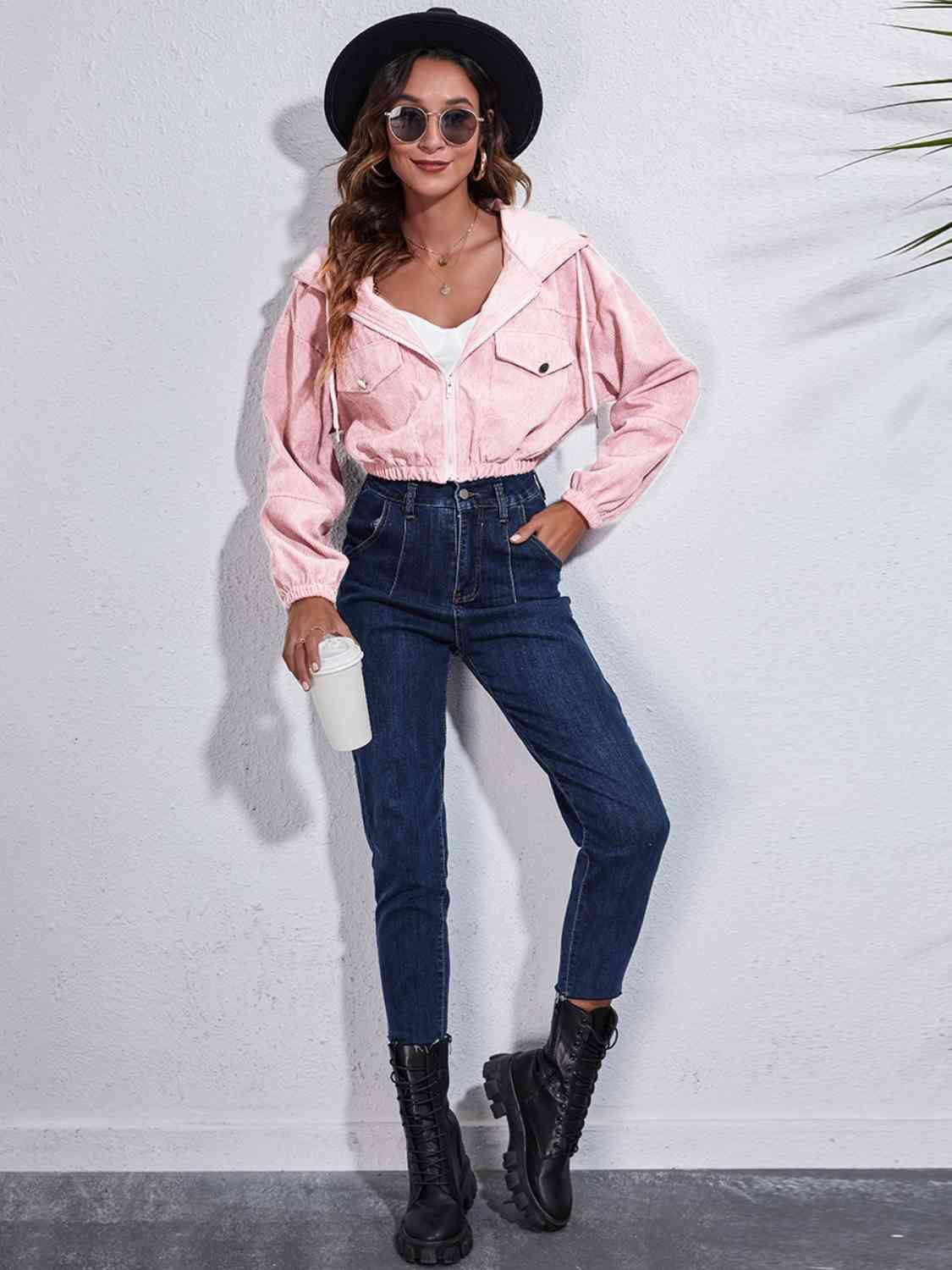 Drawstring Hooded Zip Up Jacket with Pockets - Trendsi