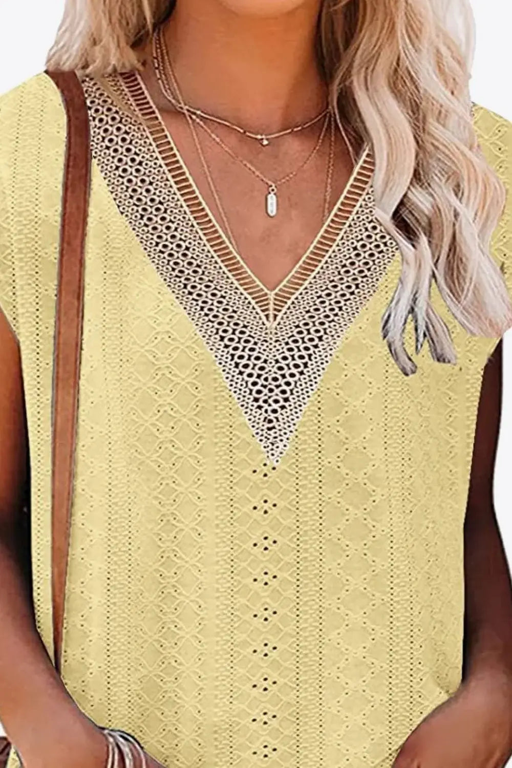 Eyelet Contrast V-Neck Tee - Trendsi - Flyclothing LLC