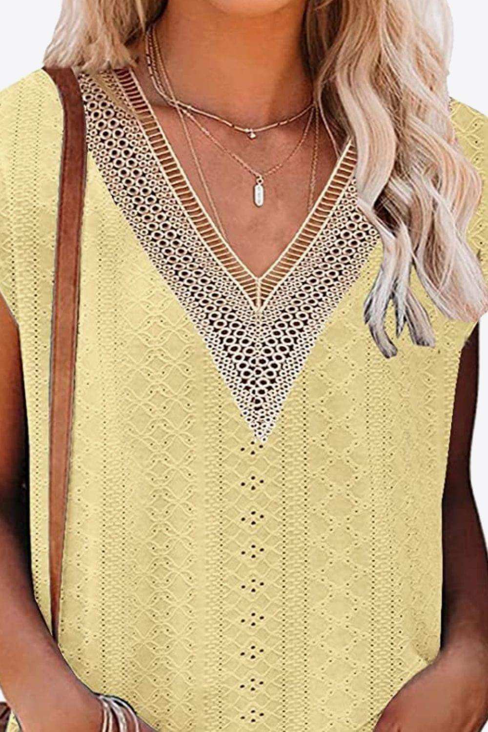 Eyelet Contrast V-Neck Tee - Trendsi - Flyclothing LLC