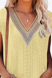 Eyelet Contrast V-Neck Tee - Trendsi - Flyclothing LLC