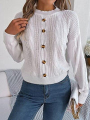 Cable-Knit Buttoned Round Neck Sweater - Trendsi