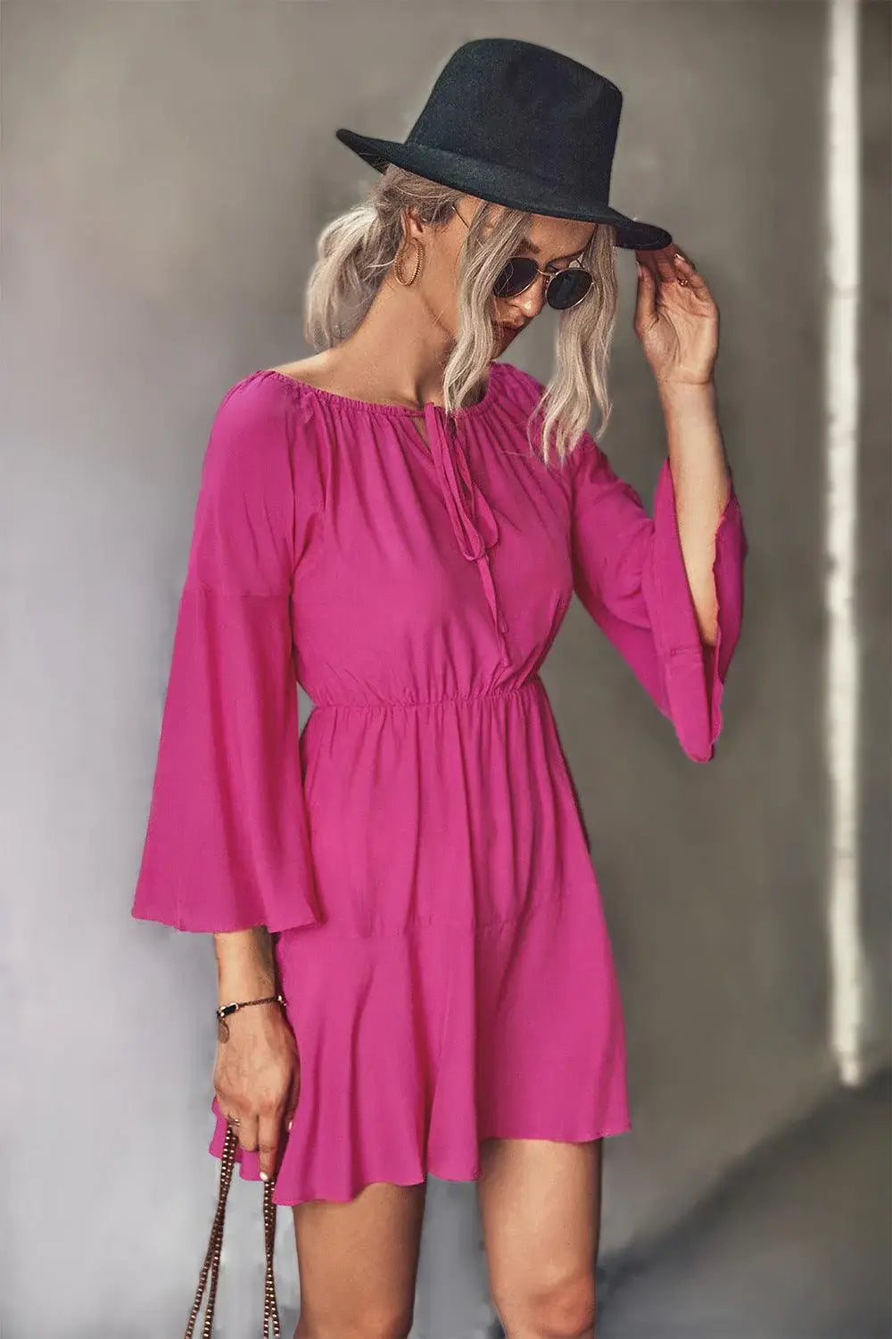 Tie Neck Flare Sleeve Mini Dress - Trendsi - Flyclothing LLC