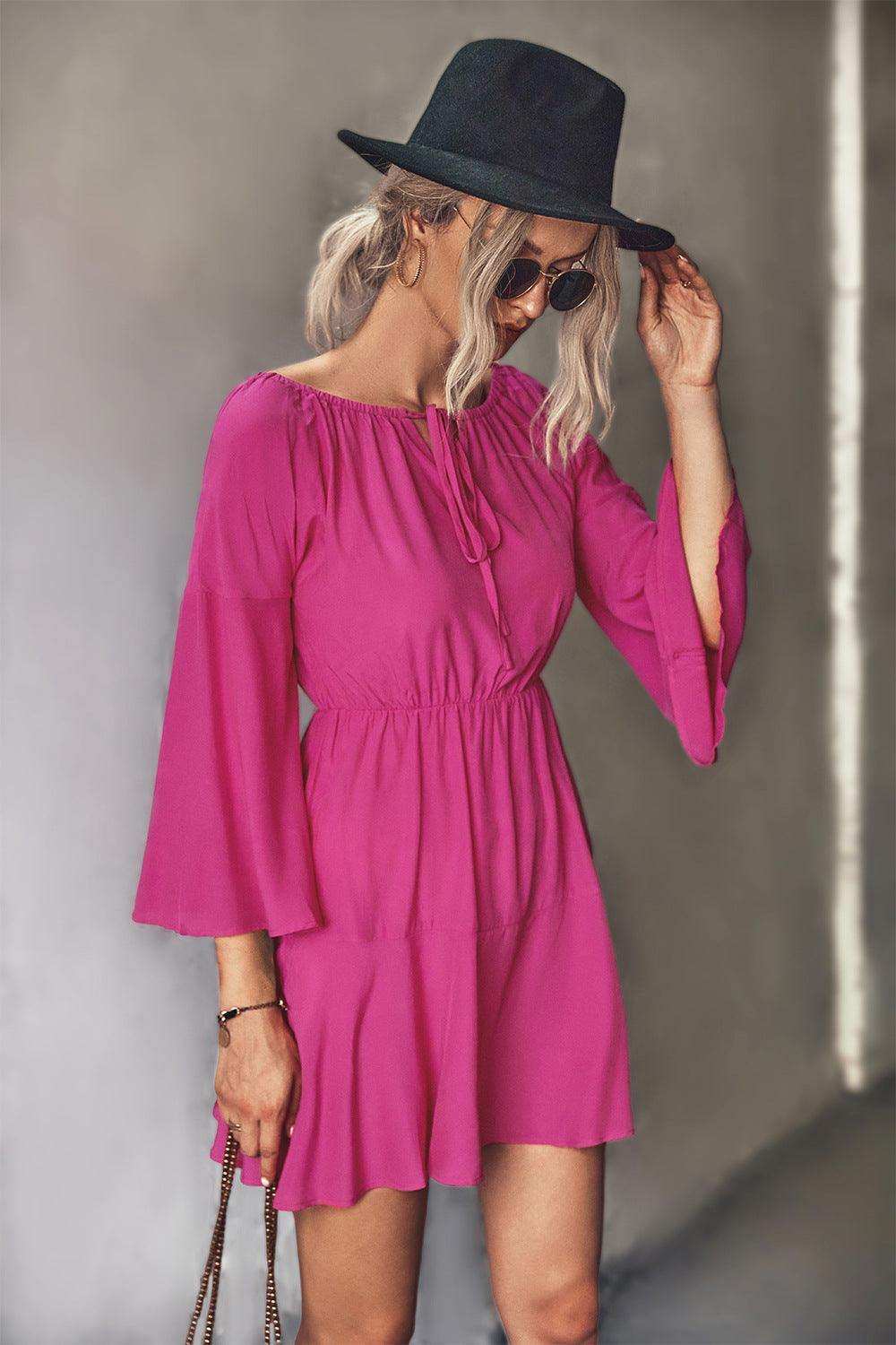 Tie Neck Flare Sleeve Mini Dress - Trendsi - Flyclothing LLC