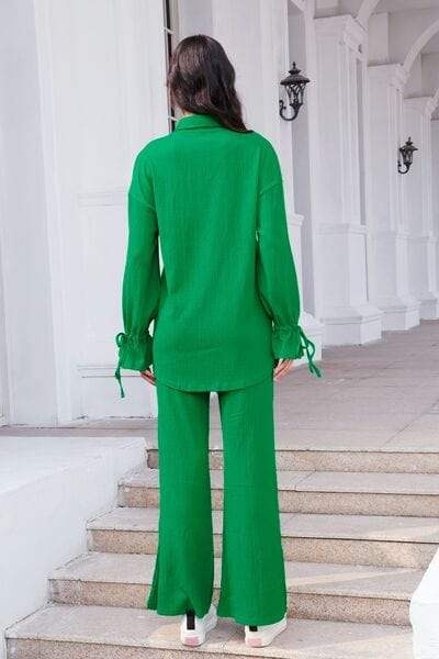 Drawstring Flounce Sleeve Shirt and Pants Set - Trendsi - Flyclothing LLC