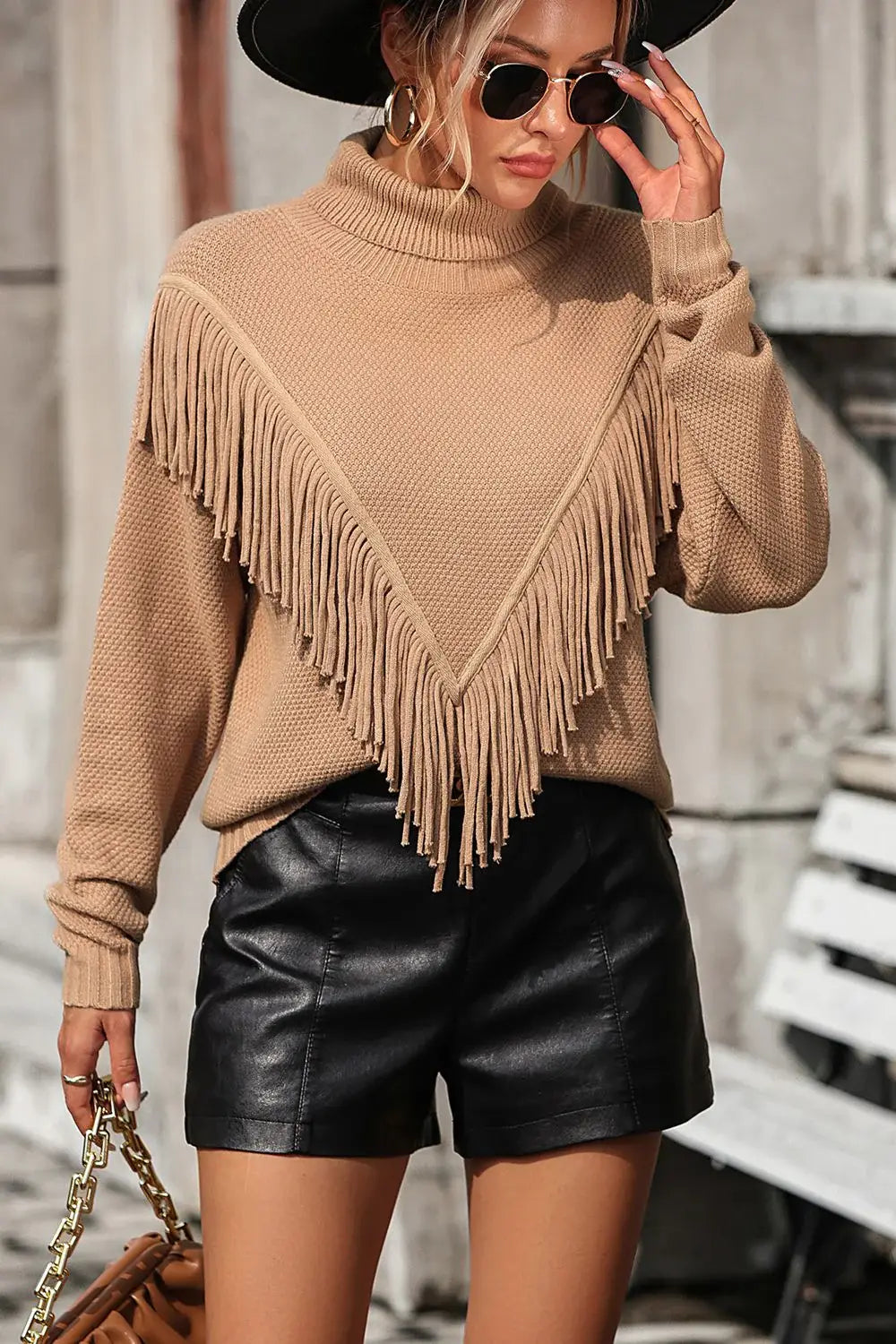 Turtle Neck Tassel Front Long Sleeve Pullover Sweater - Trendsi - Flyclothing LLC
