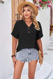 Buttoned Notched Neck Eyelet Top - Trendsi - Flyclothing LLC