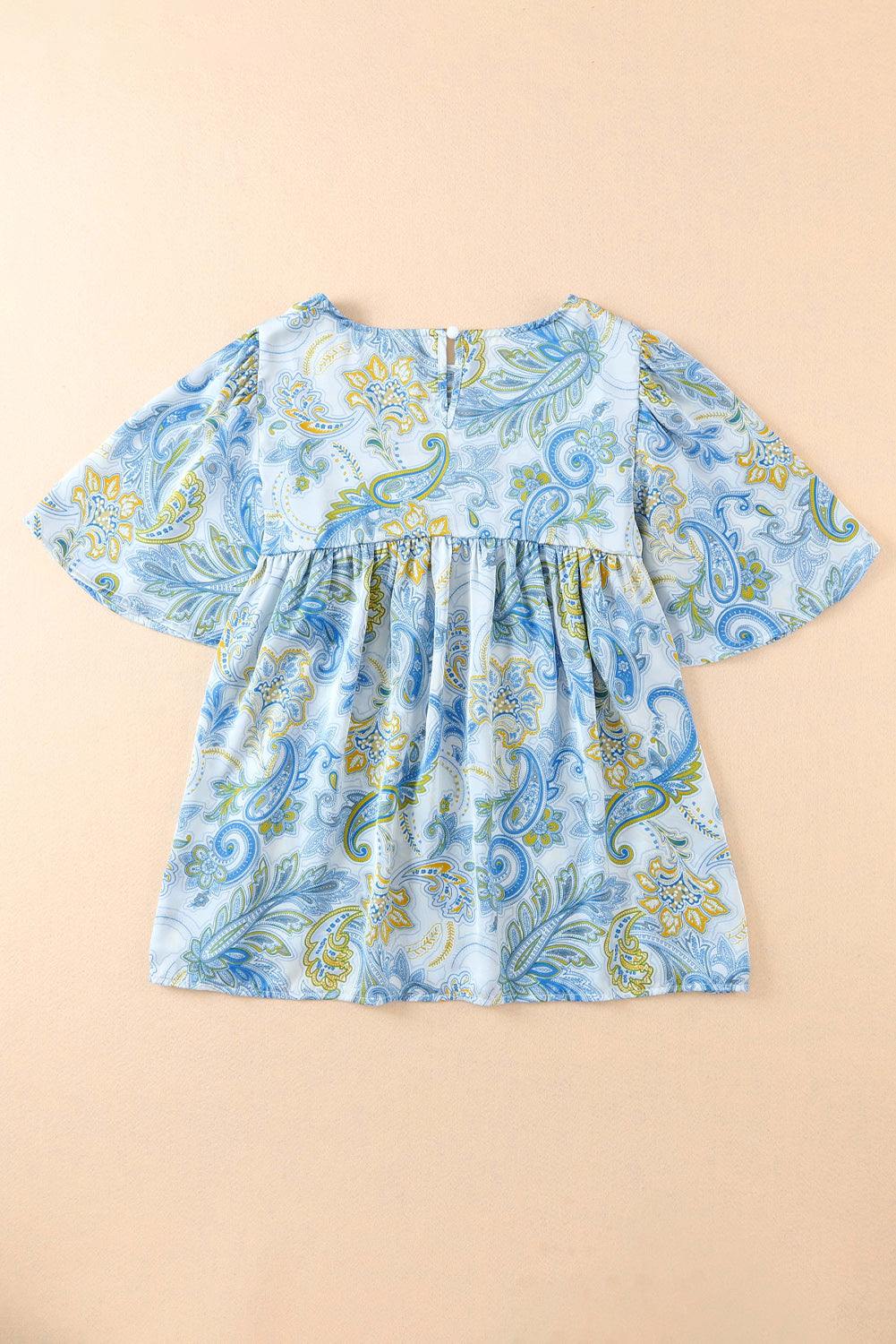 Printed Round Neck Short Sleeve Blouse - Trendsi