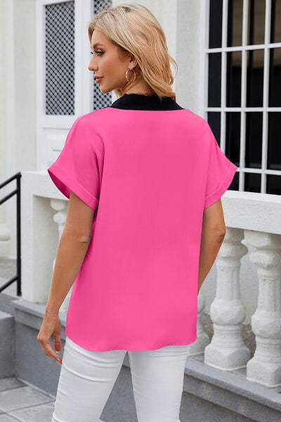 Contrast Johnny Collar Short Sleeve Blouse - Trendsi - Flyclothing LLC