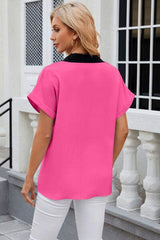Contrast Johnny Collar Short Sleeve Blouse - Trendsi - Flyclothing LLC