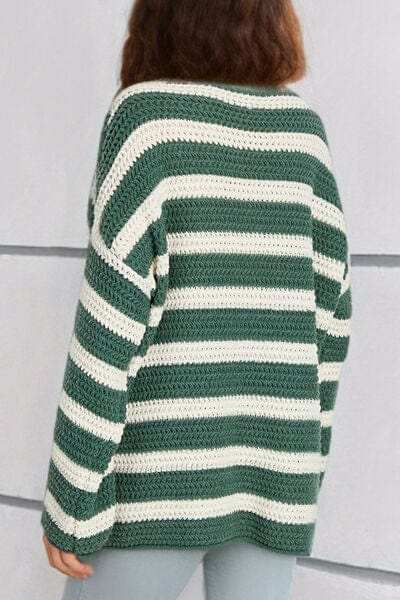 Striped Round Neck Dropped Shoulder Sweater - Trendsi - Flyclothing LLC