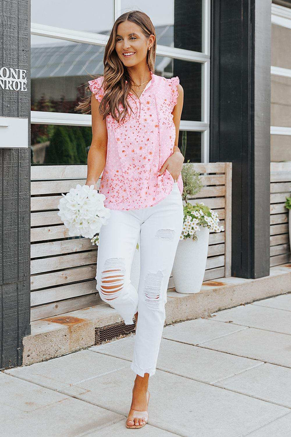 Floral Tie Neck Ruffled Sleeveless Top - Trendsi - Flyclothing LLC