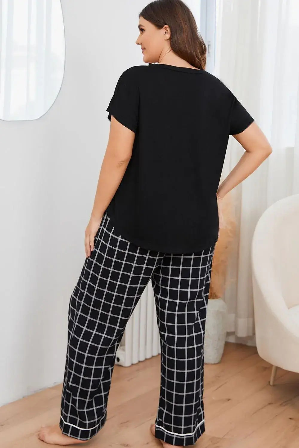 Plus Size V-Neck Top and Plaid Pants Lounge Set - Trendsi - Flyclothing LLC