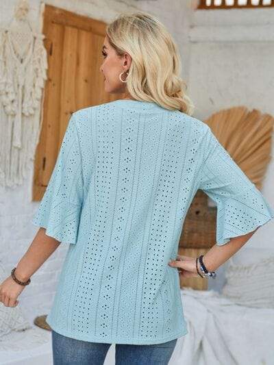 Eyelet Notched Half Sleeve T-Shirt - Trendsi - Flyclothing LLC