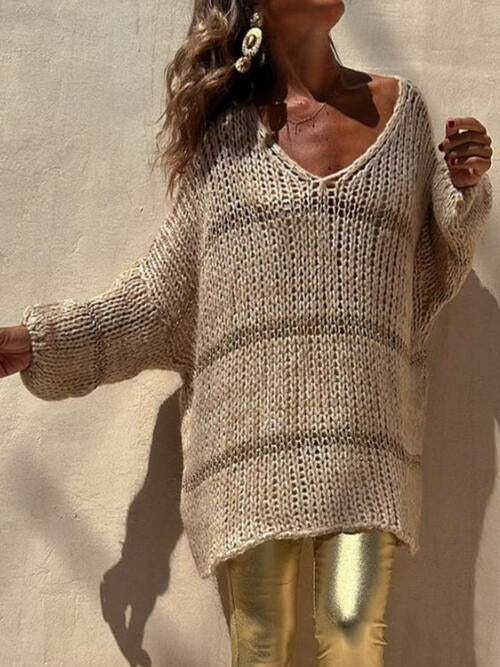 Openwork V-Neck Long Sleeve Sweater - Trendsi - Flyclothing LLC