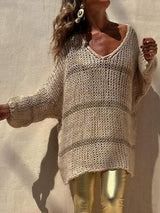 Openwork V-Neck Long Sleeve Sweater - Trendsi - Flyclothing LLC