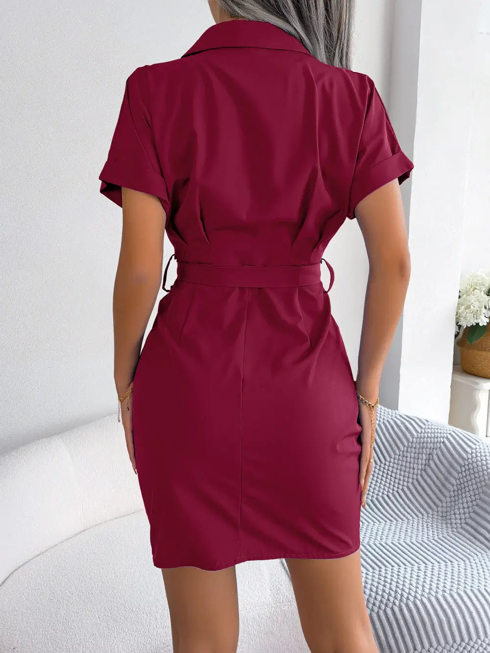 Button Down Ruched Tie Belt Dress - Trendsi - Flyclothing LLC