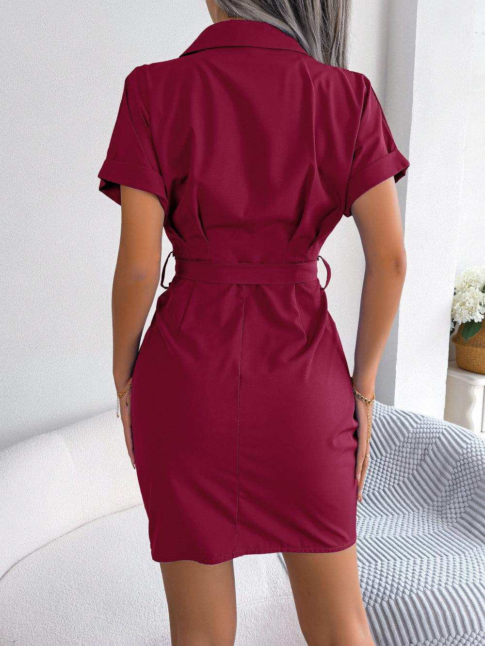 Button Down Ruched Tie Belt Dress - Trendsi - Flyclothing LLC