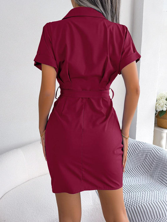 Button Down Ruched Tie Belt Dress - Trendsi