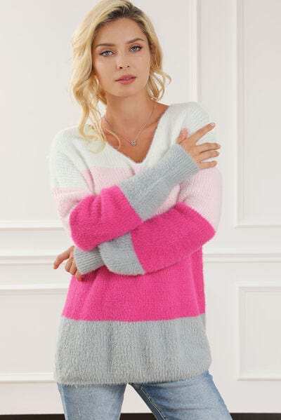 Color Block V-Neck Dropped Shoulder Sweater - Trendsi - Flyclothing LLC