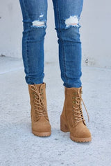 Forever Link Lace-Up Zipper Detail Block Heel Boots - Trendsi