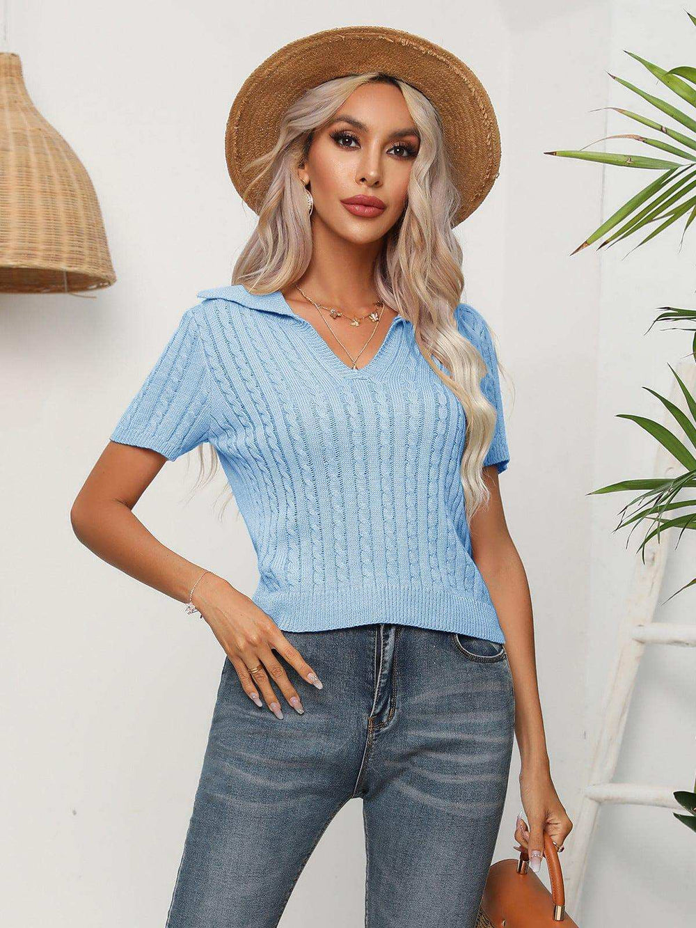 Cable-Knit Johnny Collar Short Sleeve Knit Top - Trendsi - Flyclothing LLC