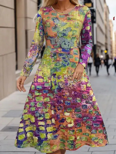Plus Size Printed Round Neck Long Sleeve Dress - Trendsi - Flyclothing LLC