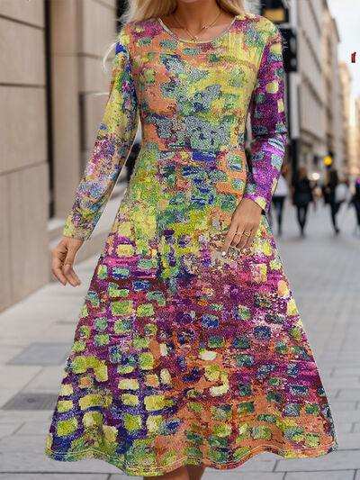 Plus Size Printed Round Neck Long Sleeve Dress - Trendsi - Flyclothing LLC