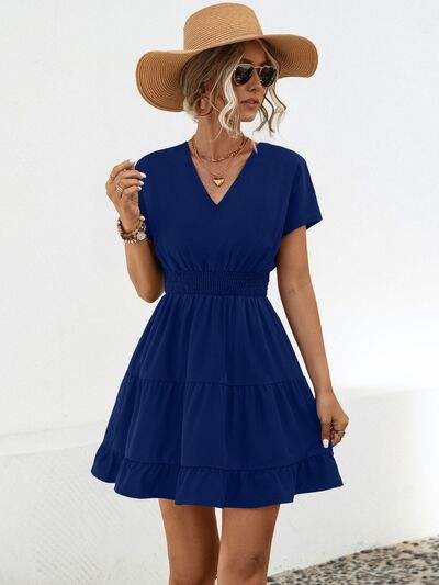 Ruffled Smocked V-Neck Tiered Dress - Trendsi - Flyclothing LLC